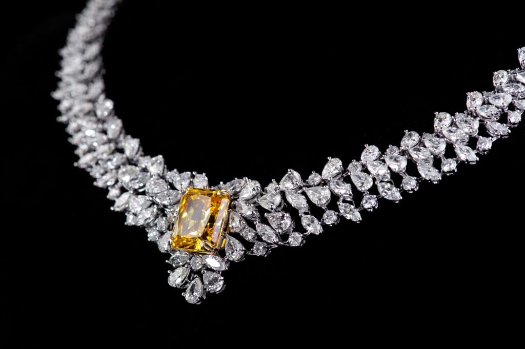 close up of diamond necklace